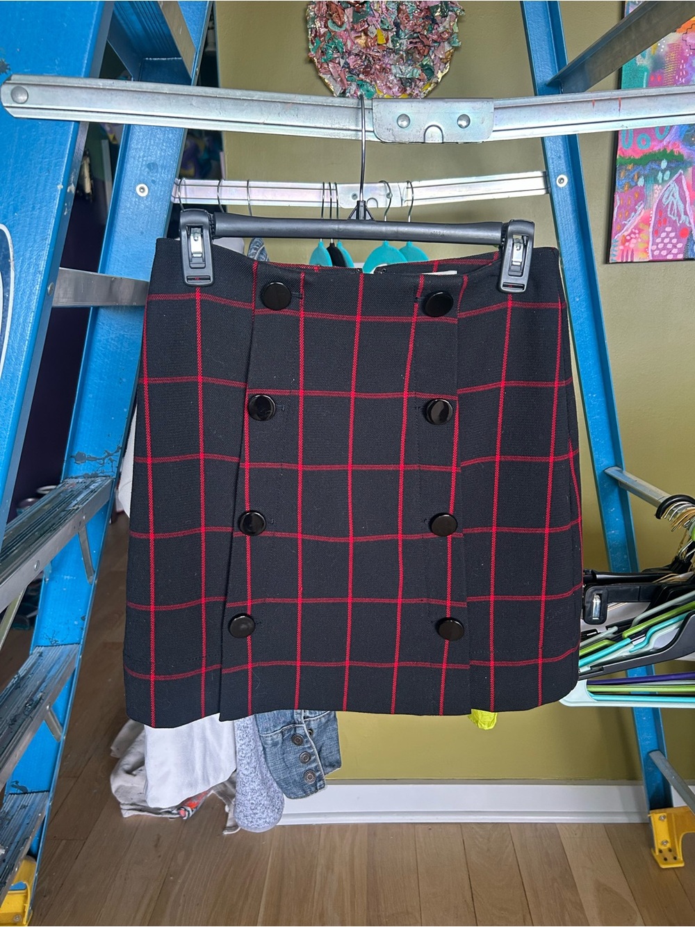 LOFT Black Mini Skirt with Red Windowpane Plaid and Double-Breasted Buttons